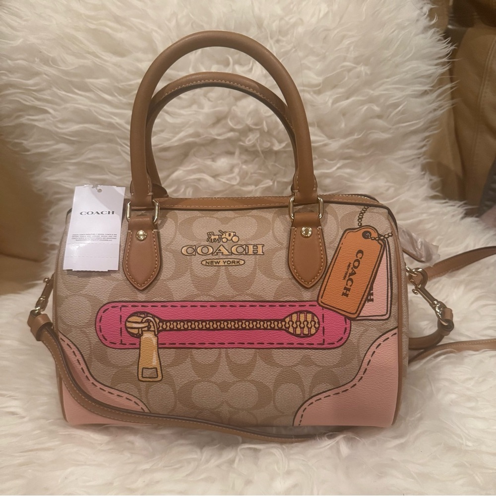 Leather Coach Rowan Satchel in Signature Canvas with a Trompe L'oeil print